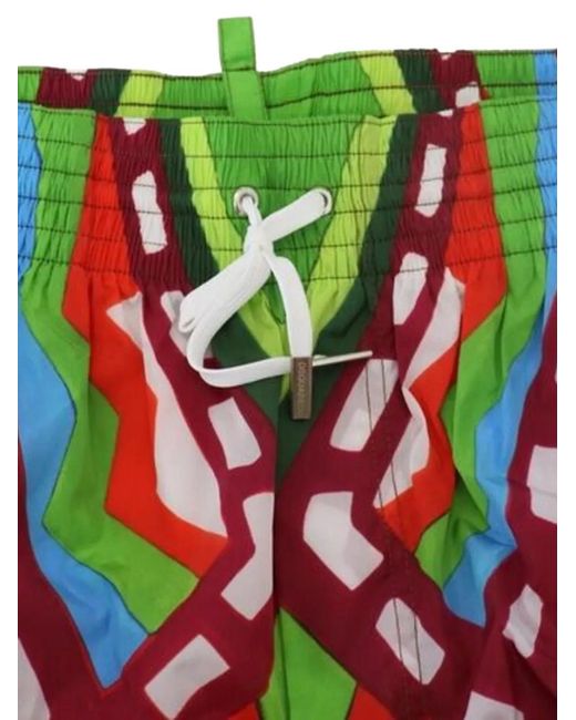 DSquared² Green Geometric-Print Drawstring Swim Shorts for men