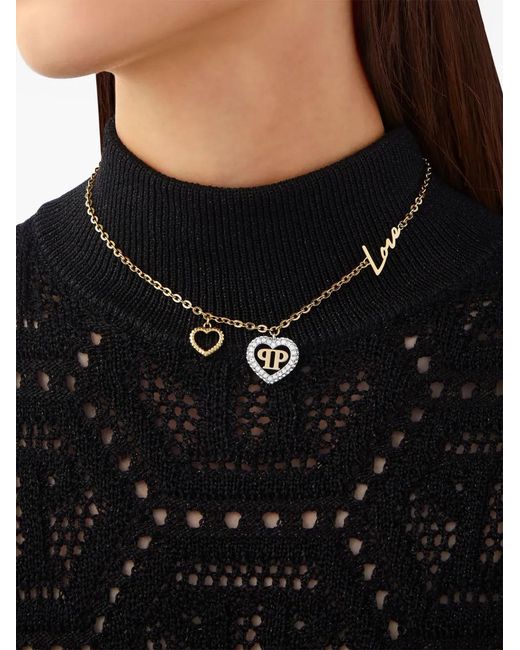 Philipp Plein White Rocked Hearts Necklace