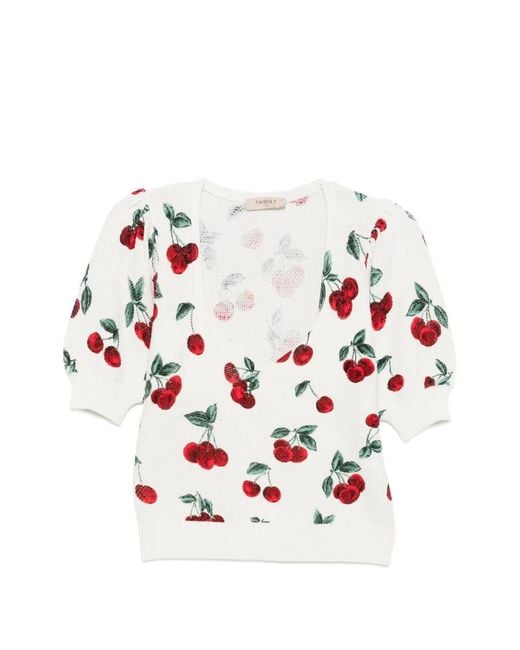 Twinset White Cherry-Print Short-Sleeve Sweater