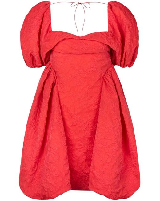 CECILIE BAHNSEN Red Sidra Puff-sleeve Matelassé Dress