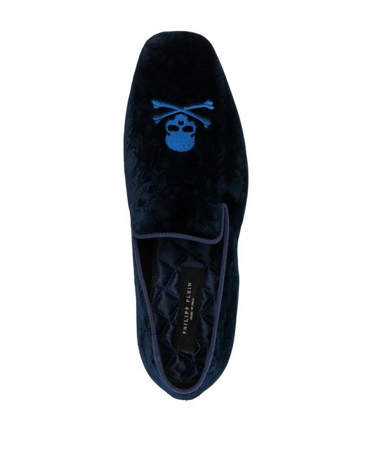 Philipp Plein Black Skull-Embroidered Velvet Loafers for men