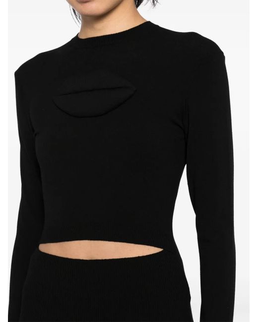 A.W.A.K.E. MODE Black Lip-Appliqué Knitted Top