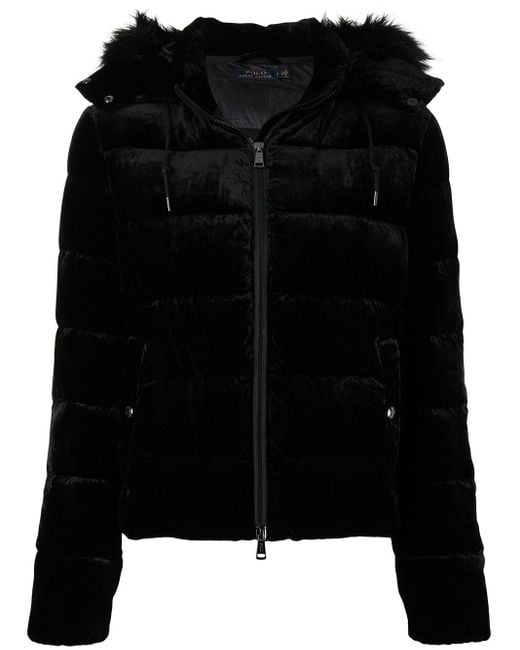 Polo Ralph Lauren Zip-up Velvet Puffer Jacket in Black - Lyst
