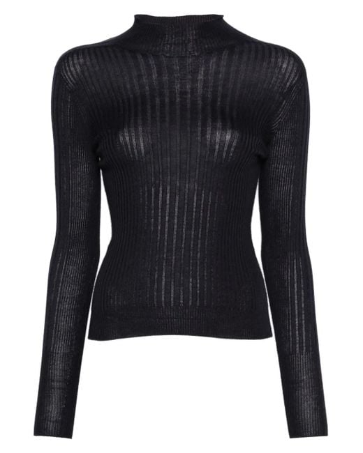 Peserico Blue Ribbed Mock-Neck Top
