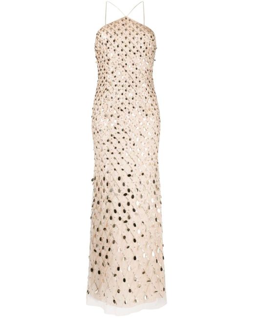 Aidan Mattox Natural Paillette-embellished Beaded Halterneck Dress