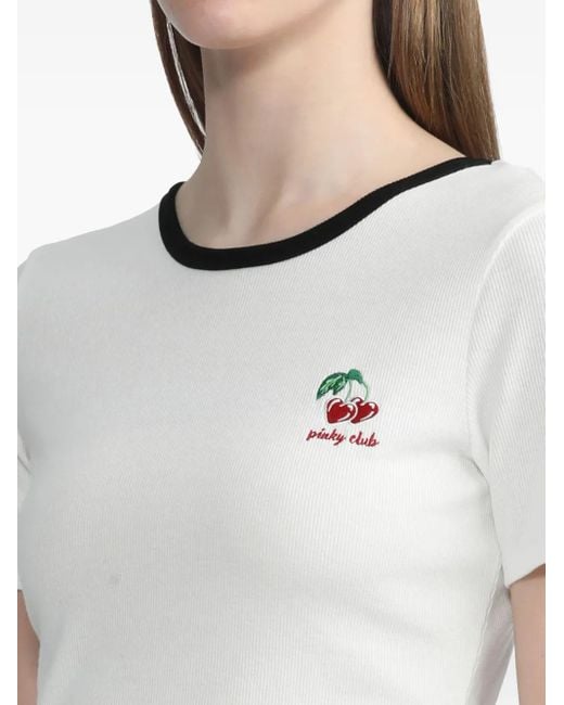 B+ AB White Cherry-Embroidered Ribbed Top