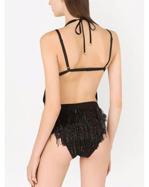 Dolce & Gabbana Black Logo-Tag Fringed Swimsuit