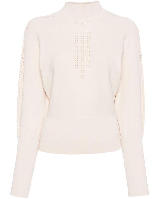 Patrizia Pepe White Perforated-detail Puff-sleeve Knit Top