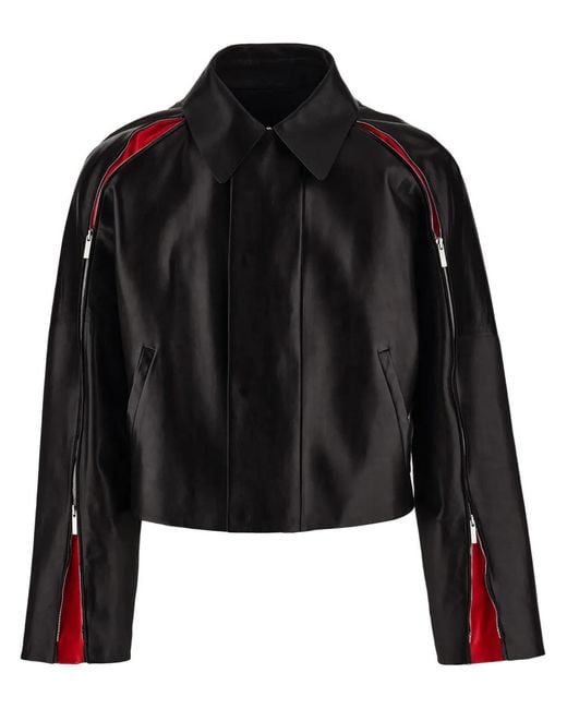 Ferragamo Black Contrasting-Panels Zip-Up Leather Jacket for men