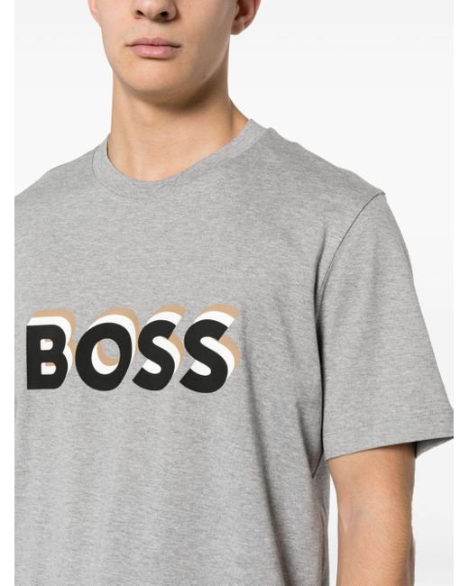 Boss Gray Logo-stamp Cotton T-shirt for men
