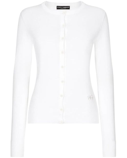 Dolce & Gabbana White Dg-Embroidered Fine-Knit Cardigan