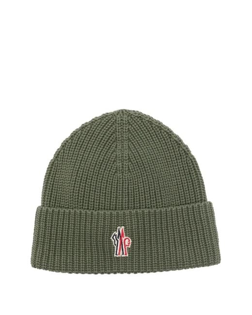 Moncler Green Logo-Patch Ribbed Beanie Hat for men