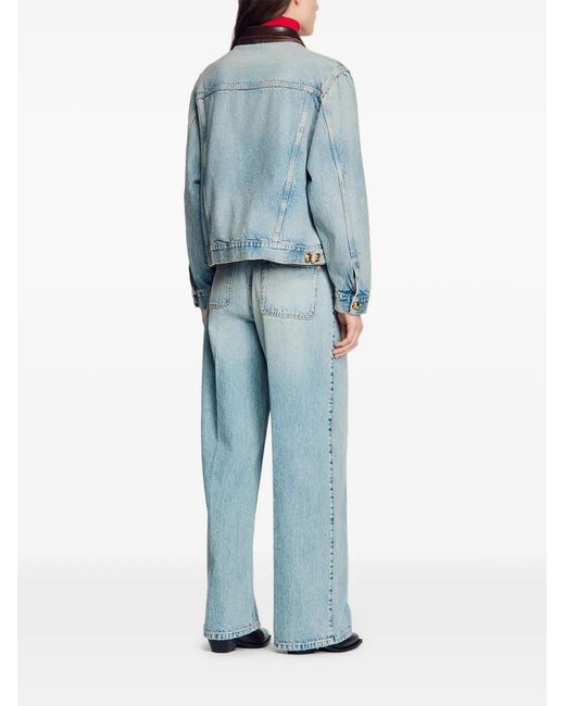 Sandro Blue Veste En Jean Boutonnée À Col En Cuir