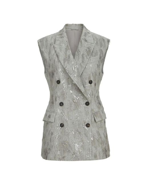 Brunello Cucinelli Gray Virgin Wool And Cashmere Twill Flannel Vest With Dazzling Lynx Embroidery