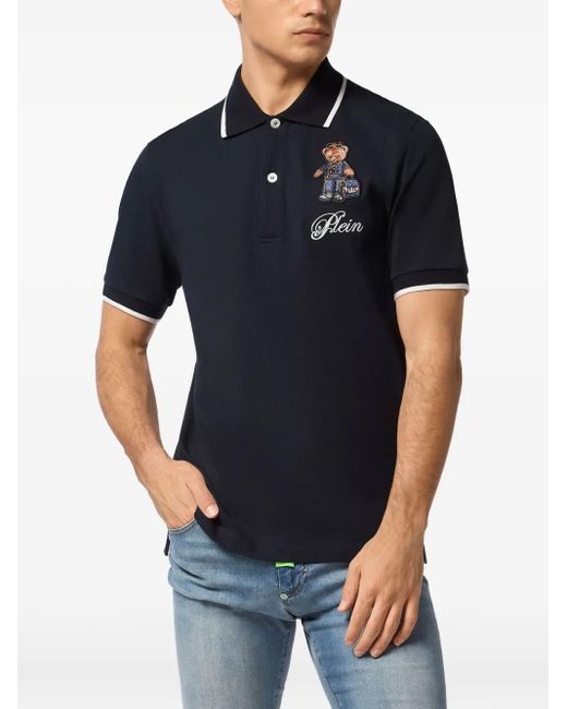 Philipp Plein Blue Teddy Bear-Embroidered Polo Shirt for men