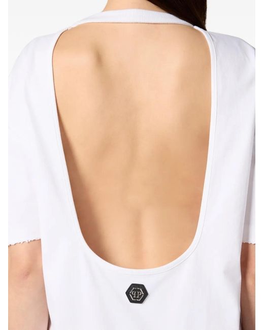 Philipp Plein White Mini Open-Back Logo-Strass Dress