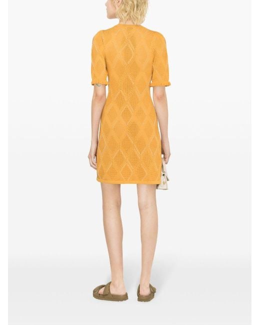 Sandro Yellow Pearl-embellished Pointelle-knit Minidress