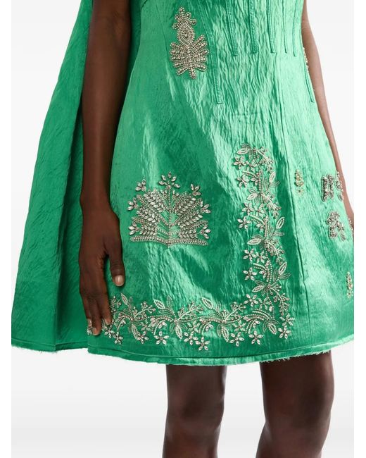 Erdem Green Embellished Off-The-Shoulder Mini Dress