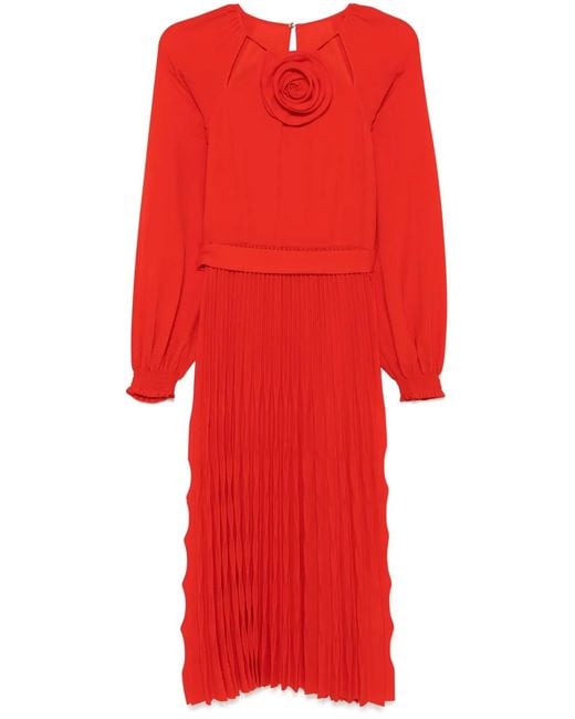 Nissa Red Floral-Detail Pleated Midi Dress