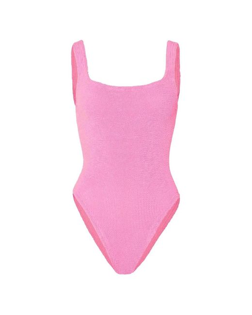 Hunza G Pink Crinkle-Effect Square-Neck Swimsuit
