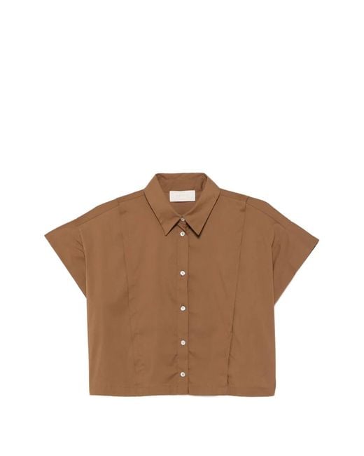 iBlues Cropped Button-Down Blouse in het Brown