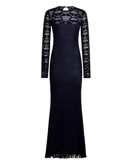 Etro Blue Long Cotton Dress With Crochet-Effect Insert