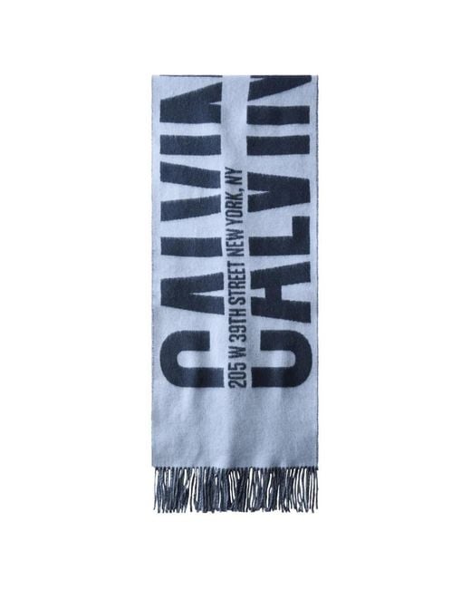 Calvin Klein Blue Logo-Print Fringed Scarf