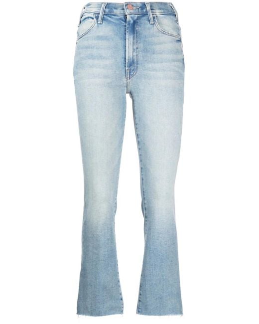 Mother Blue Denim Flared Cropped Trousers