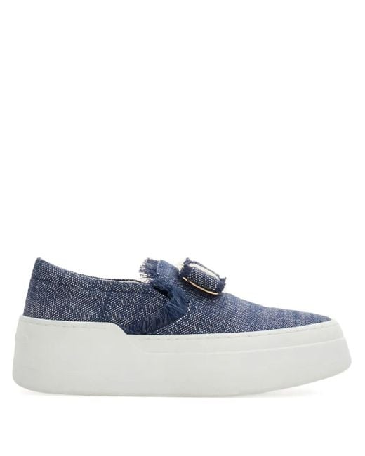 Ferragamo Blue Buckle Frayed Slip-On Sneakers