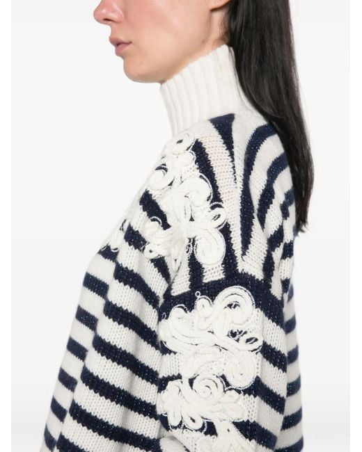 ERMANNO FIRENZE White Floral-Appliqué Striped Sweater