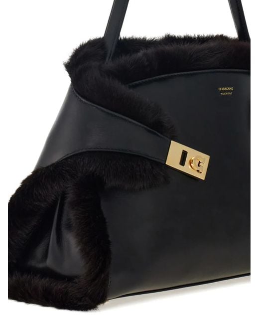 Ferragamo Black Medium Hug Soft Fur-Trimmed Shoulder Bag