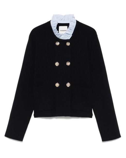 Sandro Black Ruffled-Collar Wool And Cotton-Blend Cardigan