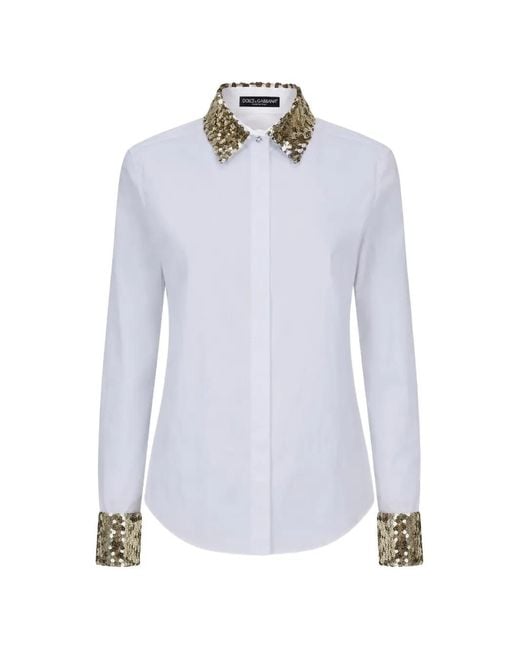 Dolce & Gabbana White Cotton Long Sleeves Sequin Shirt Top