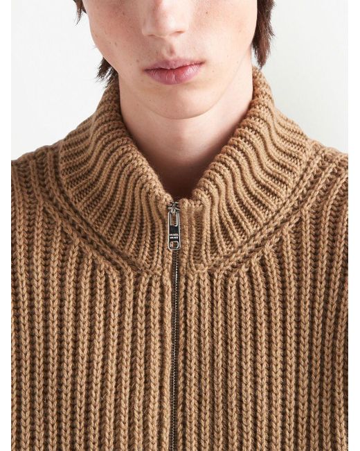 Prada Brown Ribbed-knit Zip-up Cardigan for men