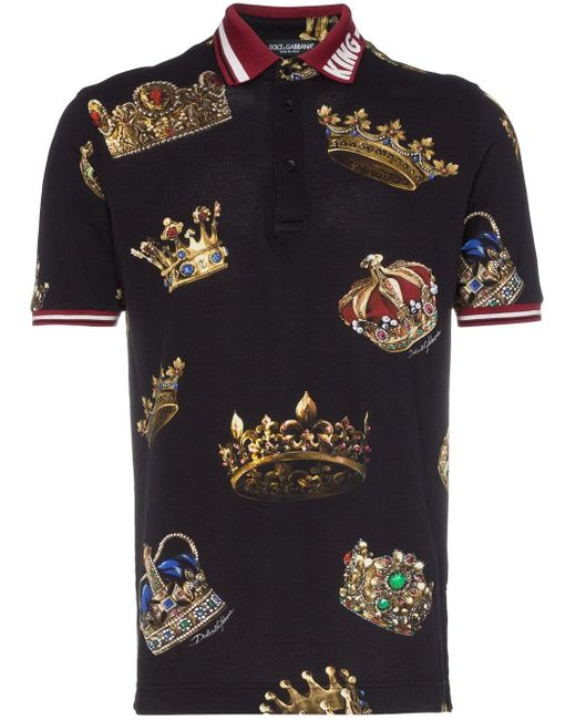 Dolce & Gabbana Black Crown Print Cotton Polo Shirt for men