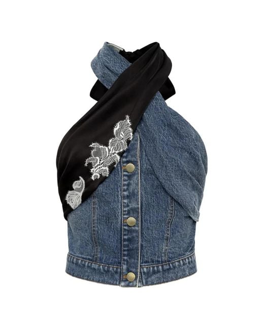 Hellessy Blue Joel Lace-Trimmed Halter-Neck Denim Blouse