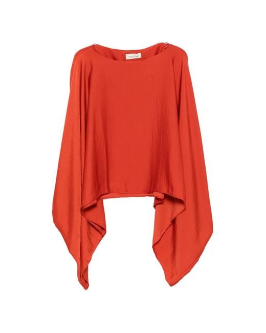 MOUTAKI Red Cape-Style Boat-Neck Blouse