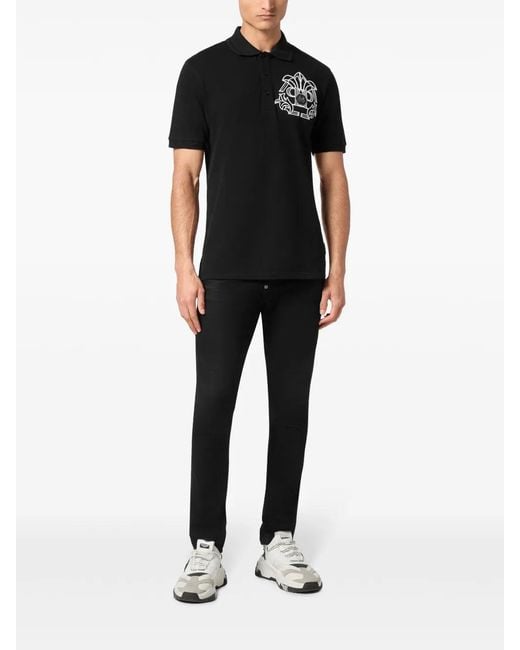 Philipp Plein Black Skull & Bones Piqué Polo Shirt for men
