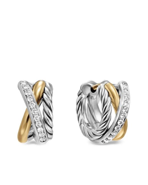 David Yurman Metallic 18Kt And Sterling Crossover Three Row Diamond Hoop Earrings (13Mm)