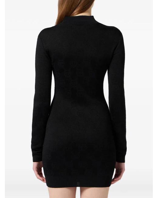 Philipp Plein Black Robe Courte À Motif Monogrammé Et Manches Longues
