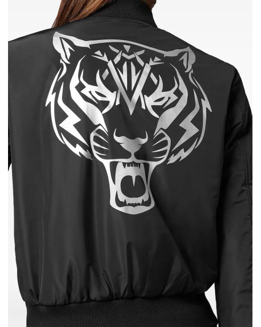 Philipp Plein Black Logo-Patch Zip-Up Bomber Jacket