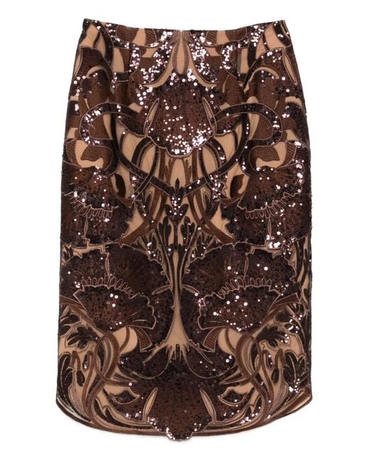Elie Saab Brown Sequin Floral Midi Skirt
