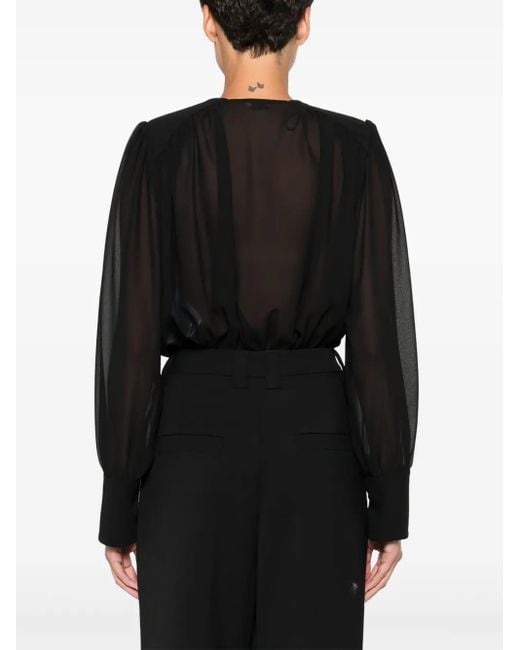 Elisabetta Franchi Black Deep V-Neck Sheer Sleeve Bodysuit