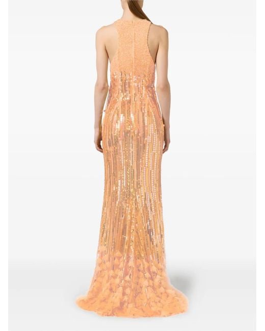 Elisabetta Franchi Natural Sequin-Embellished Maxi Evening Dress
