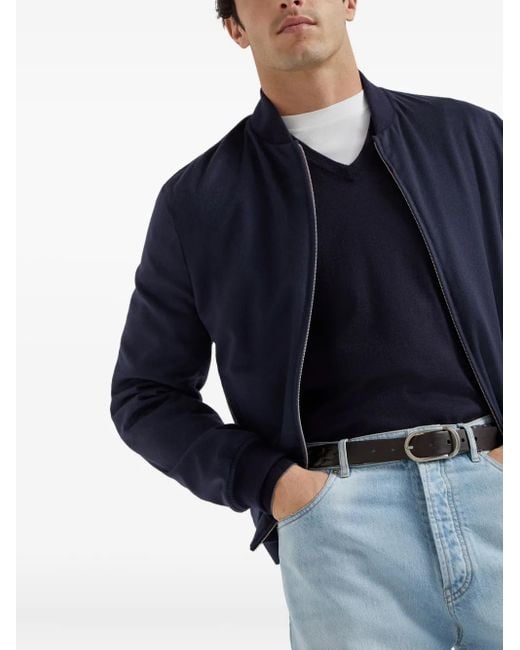 Brunello Cucinelli Blue Ribbed V-Neck Sweater for men