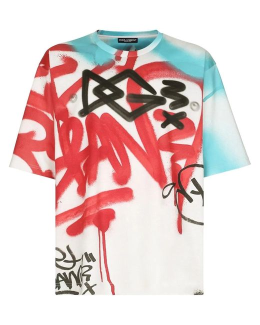 Dolce & Gabbana Red Graffiti-Print Cotton T-Shirt for men