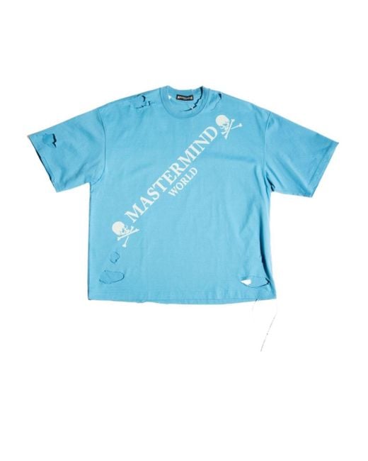 MASTERMIND WORLD Blue Logo-print Distressed-effect T-shirt for men
