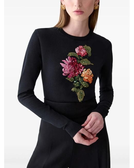 Carolina Herrera Black Chrysanthemum-Embroidered Sequin Sweater