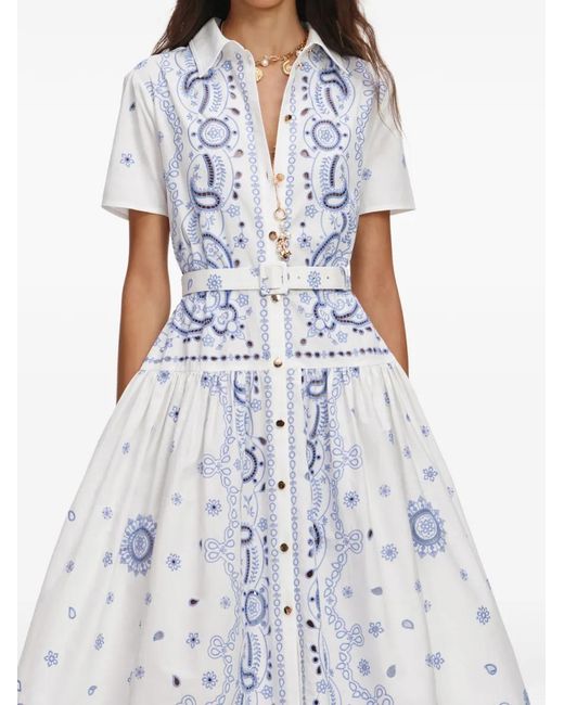 Self-Portrait White Paisley-Print Belted Shirt Dress
