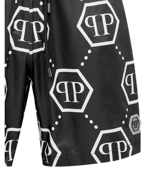 Philipp Plein Black Monogram Drawstring Swim Shorts for men